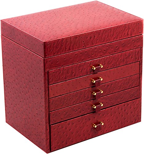 Bey-Berk International BB589RED Red Ostrich Leather Jewelry Chest