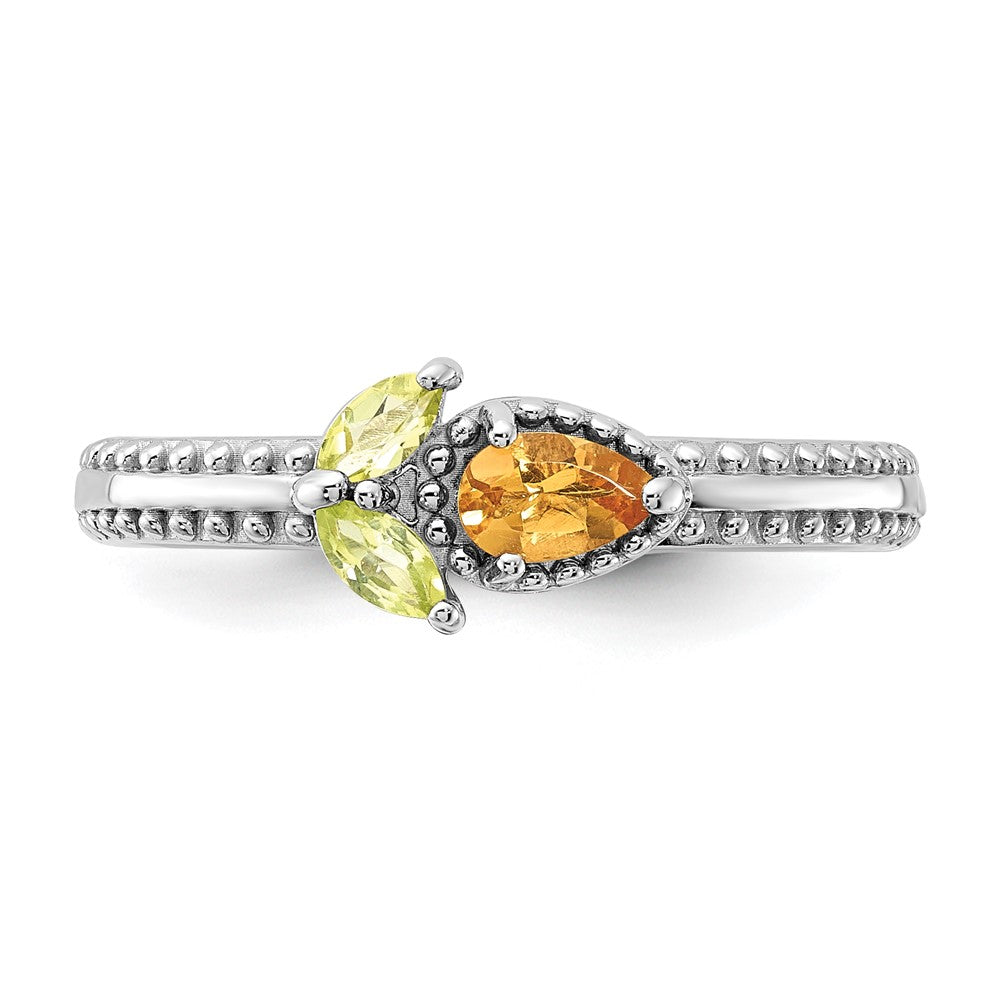 Sterling Silver Stackable Expressions Rhodium-plated Textured Citrine and Peridot Flower Ring Size -6