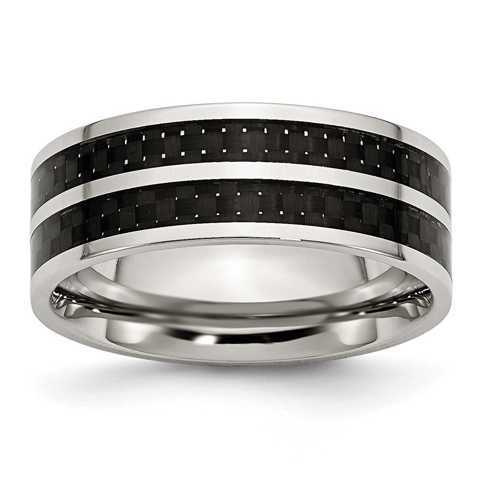 Stainless Steel Polished Double Row Black Carbon Fiber Inlay 8mm Band Size - 10.5