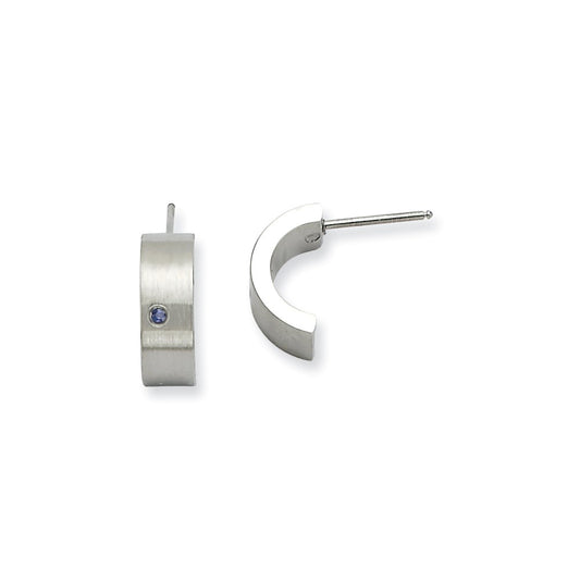 Stainless Steel Blue CZ Brushed & Polished Half Hoop Post Earrings