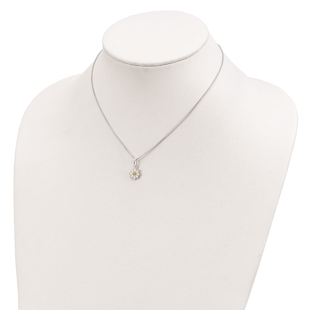 Sterling Silver Polished Yellow & White Enamel Flower Children's Necklace 15 Inches