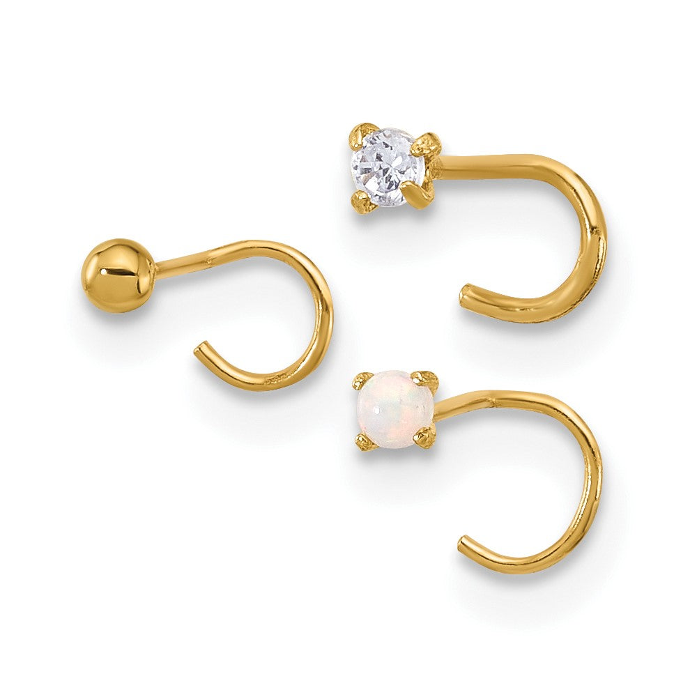 14K Gold 22 Gauge CZ, Synthetic Opal & Ball Nose Post Set