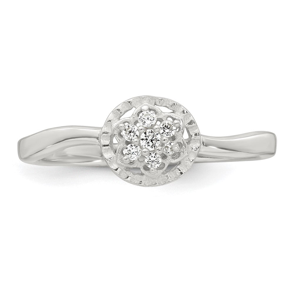 Sterling Silver Polished and Grooved White CZ Flower with Wavy Shank Size 8 Ring