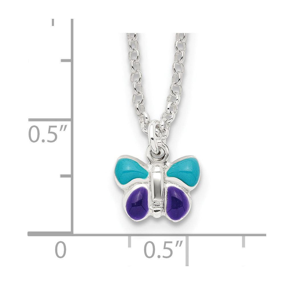 Sterling Silver Polished Blue & Purple Enameled Butterfly with 1.5inch Extension Children's Necklace 15 Inches