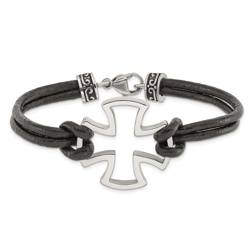Stainless Steel Antiqued and Polished Cross Black Leather 8.25in Bracelet 8.25 inches