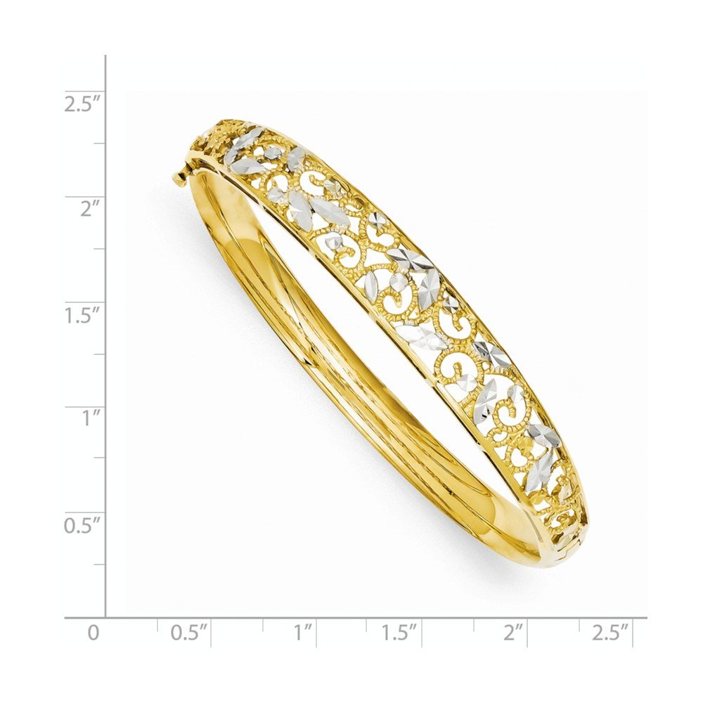 14K with White Rhodium Diamond-cut Filigree Graduated 9.00mm Hinged Oval Bangle Bracelet