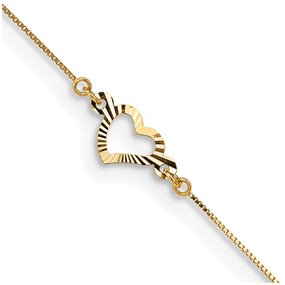14k Adjustable Heart 9in Plus 1in ext Anklet 9 inches