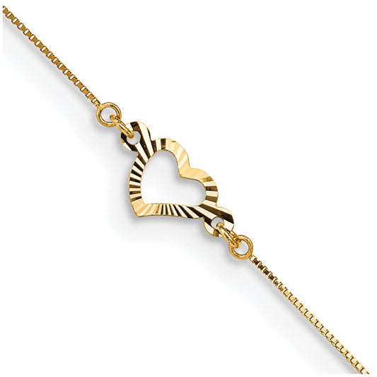 14k Adjustable Heart 9in Plus 1in ext Anklet 9 inches