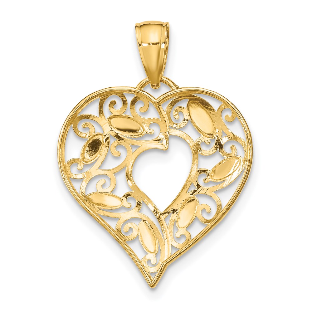 14k w/Rhodium Diamond-cut Filigree Heart Charm