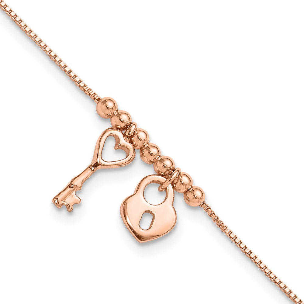 Sterling Silver Rose-tone Polished Heart Lock with 1in ext Anklet 9 inches
