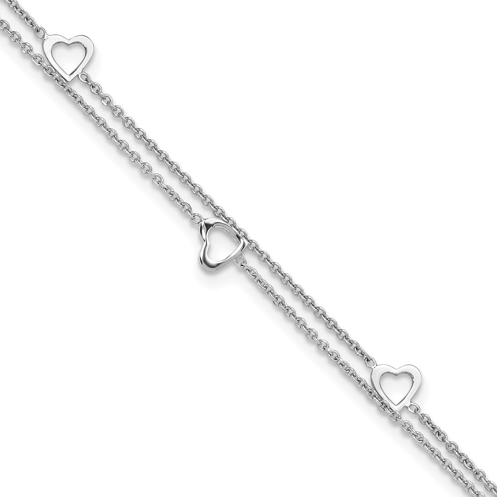 Sterling Silver Rhodium-plated 2-Strand 9 in Plus 1in ext. Heart Anklet 9 inches