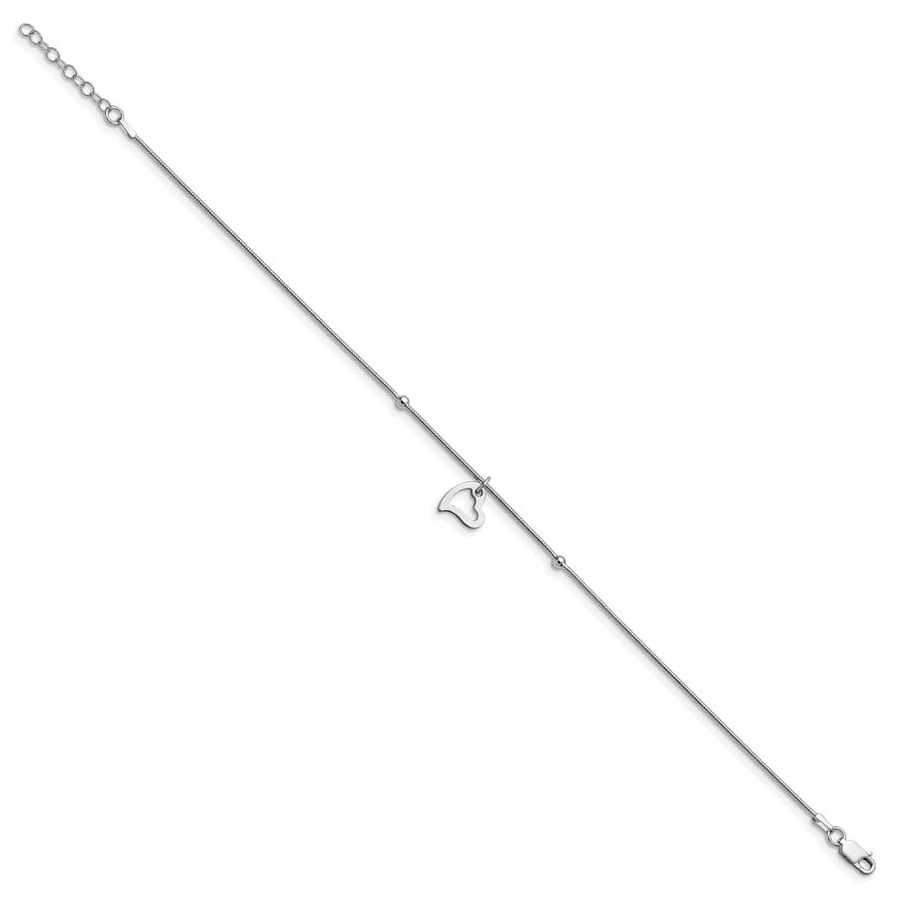 Sterling Silver Rhodium-plated Polished Heart w/1in ext. Anklet
