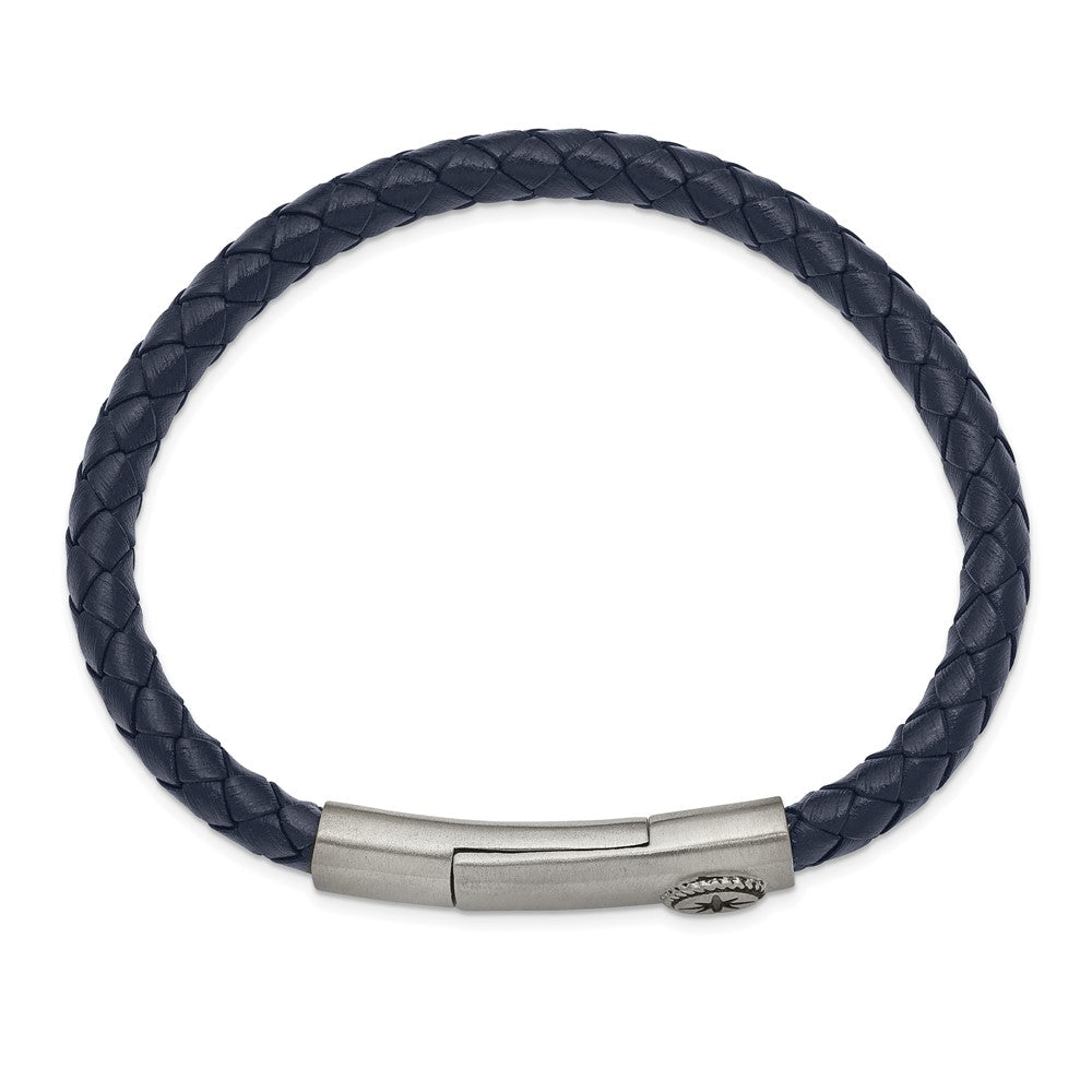 Stainless Steel Antiqued and Brushed Blue Leather Compass 8in Bracelet 8 inches