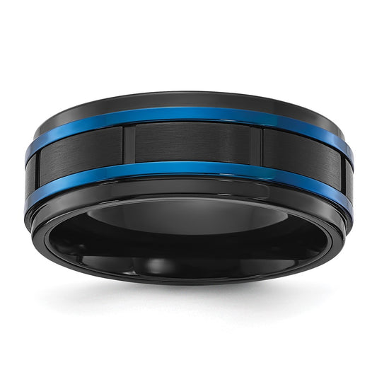 Chisel Titanium Brushed and Polished Black and Blue IP-plated 8mm Band Size - 13