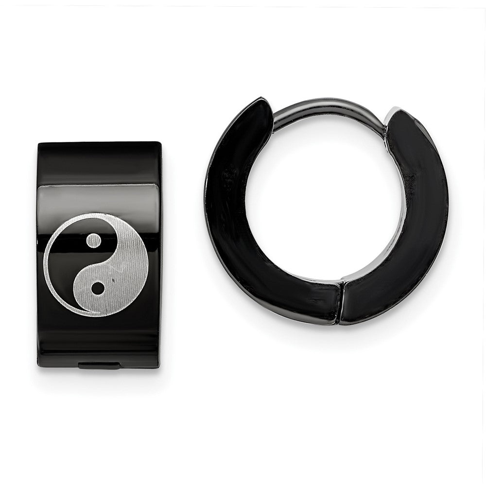Stainless Steel Polished Black IP 7mm Hinged Hoop w/Yin Yang Earrings