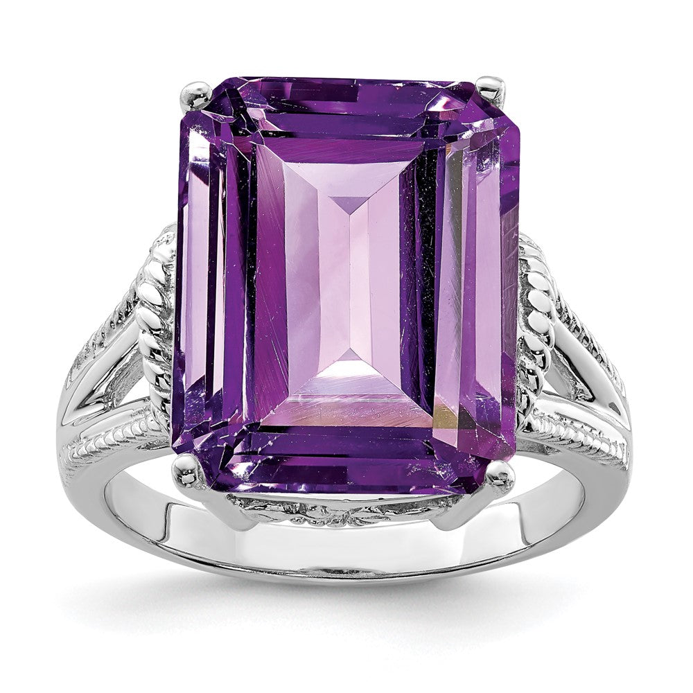 Sterling Silver Rhodium-plated Octagonal Checker-Cut Amethyst Ring