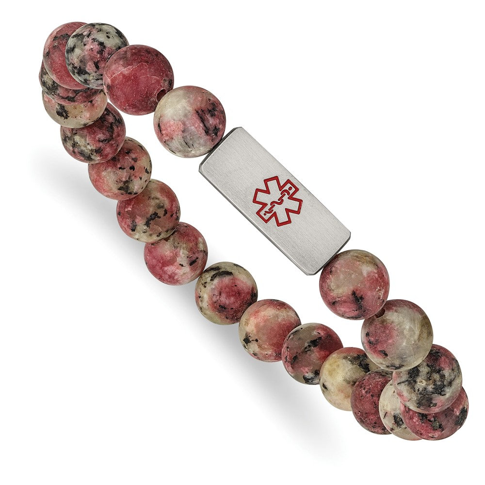 Stainless Steel Brushed Enamel Medical ID Rhodochrosite Stretch Bracelet