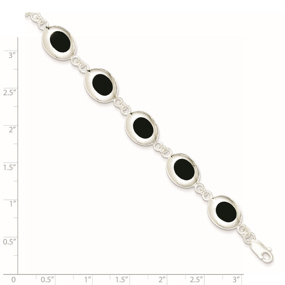 Sterling Silver Rhodium-plated Fancy Polished Onyx Bracelet 7 inches