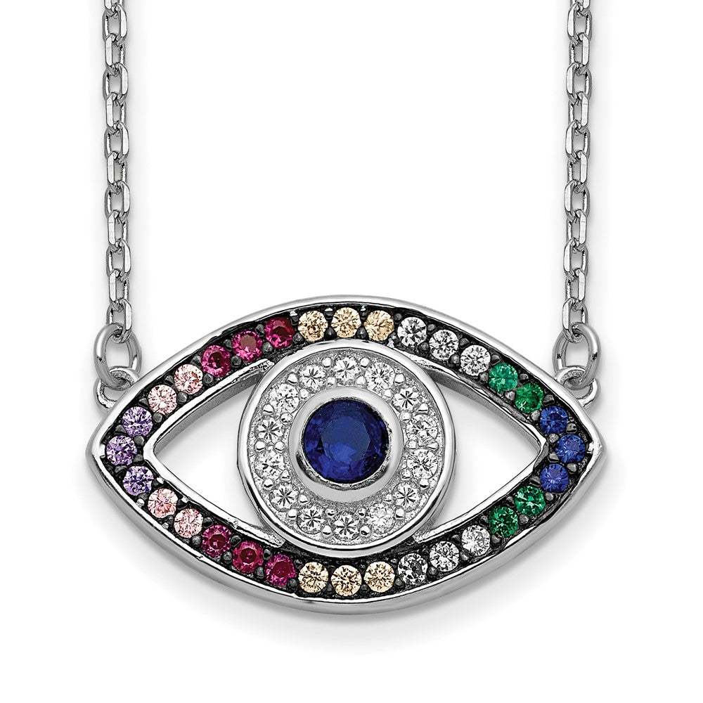 Prizma Sterling Silver Rhodium-plated 16 inch Colorful CZ Evil Eye Necklace with 2 inch Extender 16 Inches