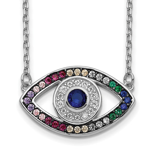 Prizma Sterling Silver Rhodium-plated 16 inch Colorful CZ Evil Eye Necklace with 2 inch Extender 16 Inches