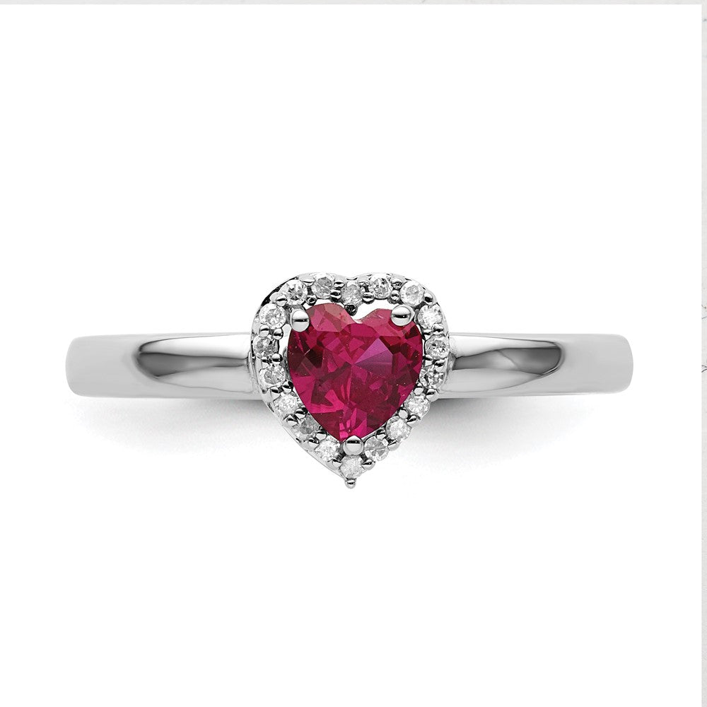 Sterling Silver Stackable Expressions Cr. Ruby Heart Diamond Ring Size -8