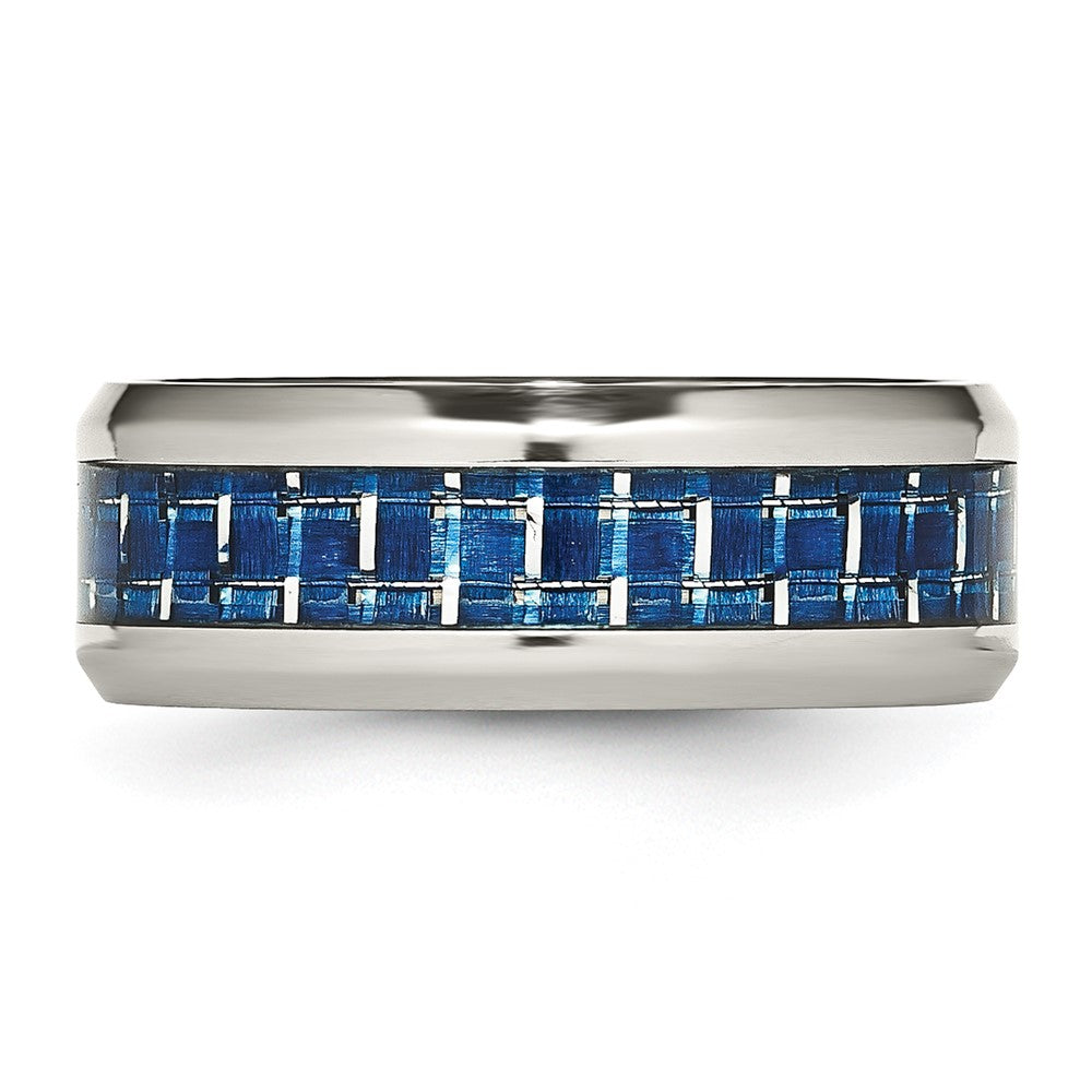 Stainless Steel Polished w/Blue Carbon Fiber Inlay 8mm Beveled Edge Band Size - 10
