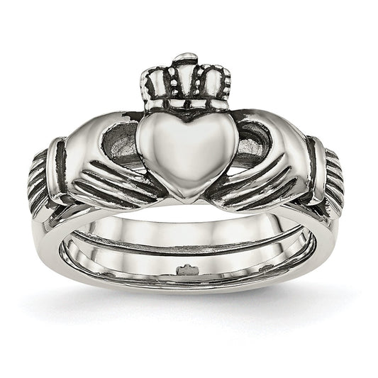 Stainless Steel Antiqued Love, Loyalty, Friendship Claddagh Hinged Ring Size - 6