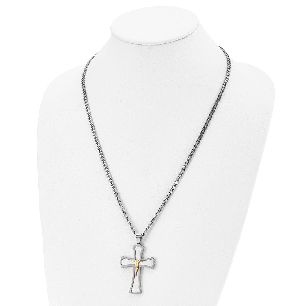Stainless Steel Brushed & Polished Yellow IP-plated Crucifix Necklace