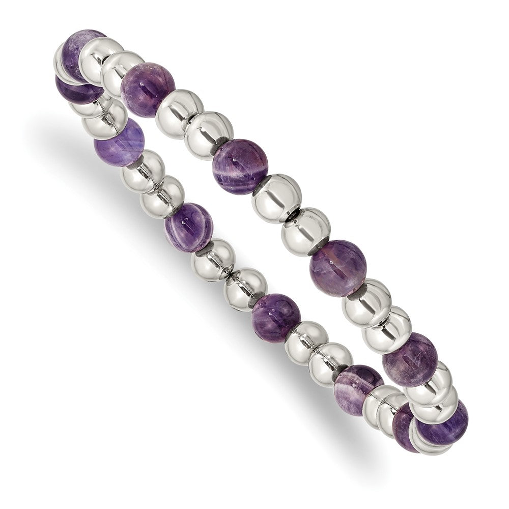 Stainless Steel Polished Purple Zebra Amethyst Beaded Stretch Bracelet 7 inches