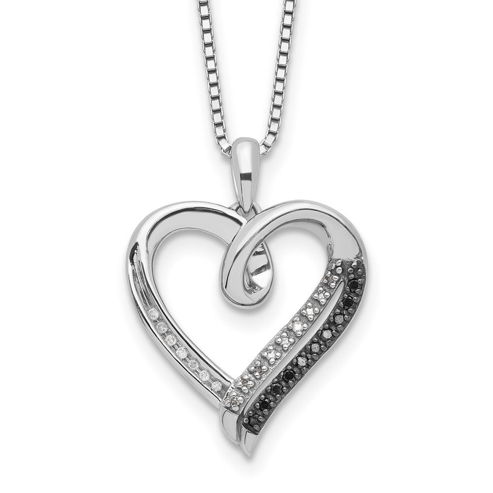 White Night Sterling Silver Rhodium-plated Black and White Diamond Heart 18 Inch Necklace with 2 Inch Extender 18 Inches