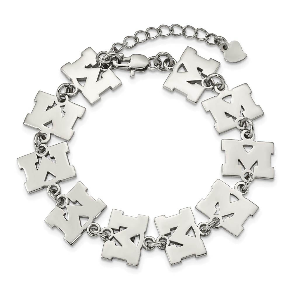 Stainless Steel LogoArt University of Michigan Letter M Link 6.5 inch Bracelet with 1.5 inch Extender QST515UM