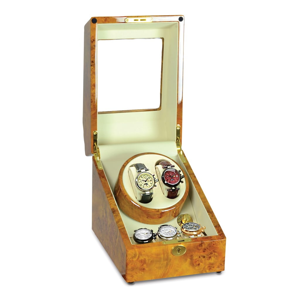 Steinhausen Heritage Burlwood Finish Dual Watch Winder w/Storage