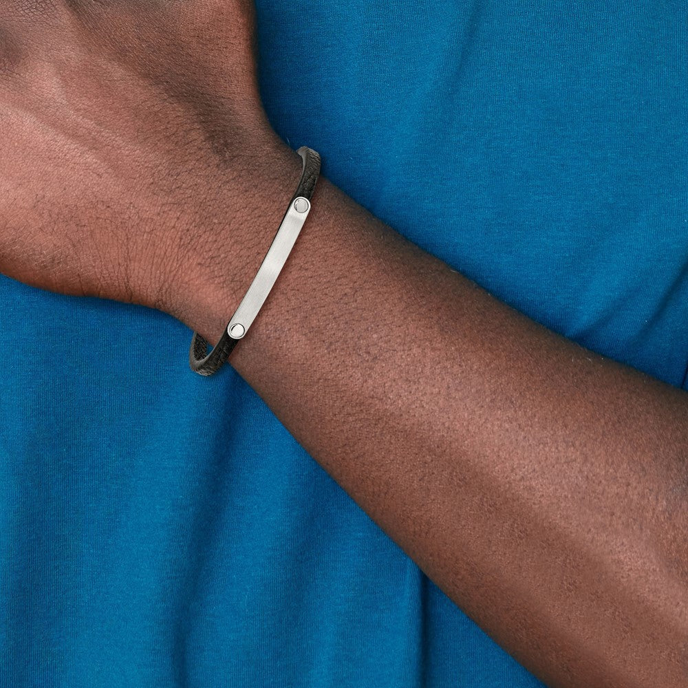 Stainless Steel Brushed Black Leather 8.25in ID Bracelet 8.25 inches