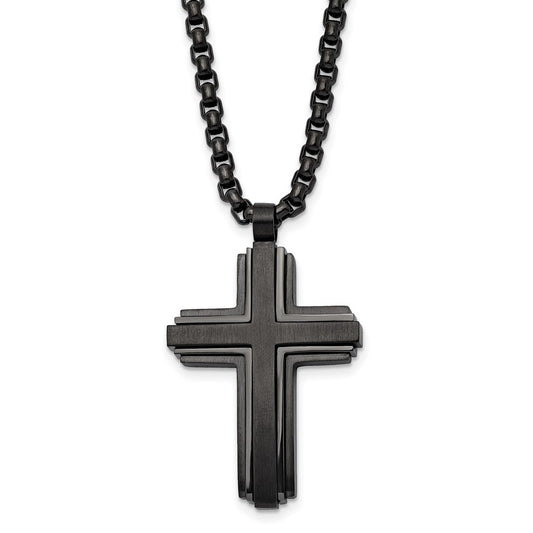 Stainless Steel Brushed and Polished Black IP-plated Cross 24in Necklace