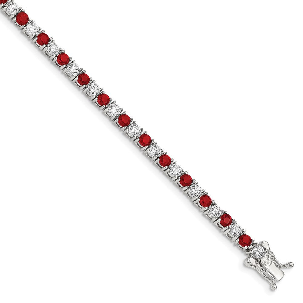 Sterling Silver Rhodium-plated Red Glass and CZ  7 inch Bracelet 7 inches