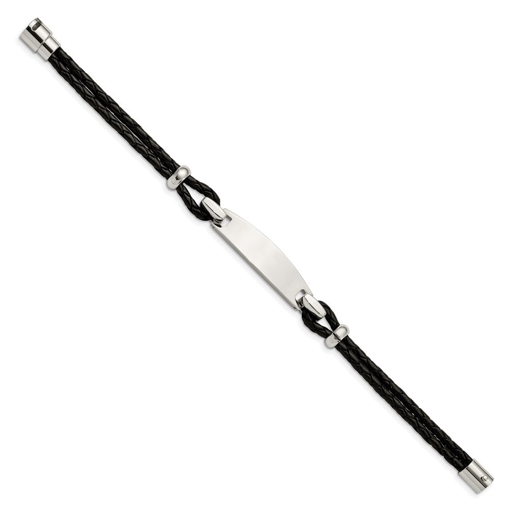 Stainless Steel Polished Black Woven Leather 8.5in ID Bracelet 8.5 inches