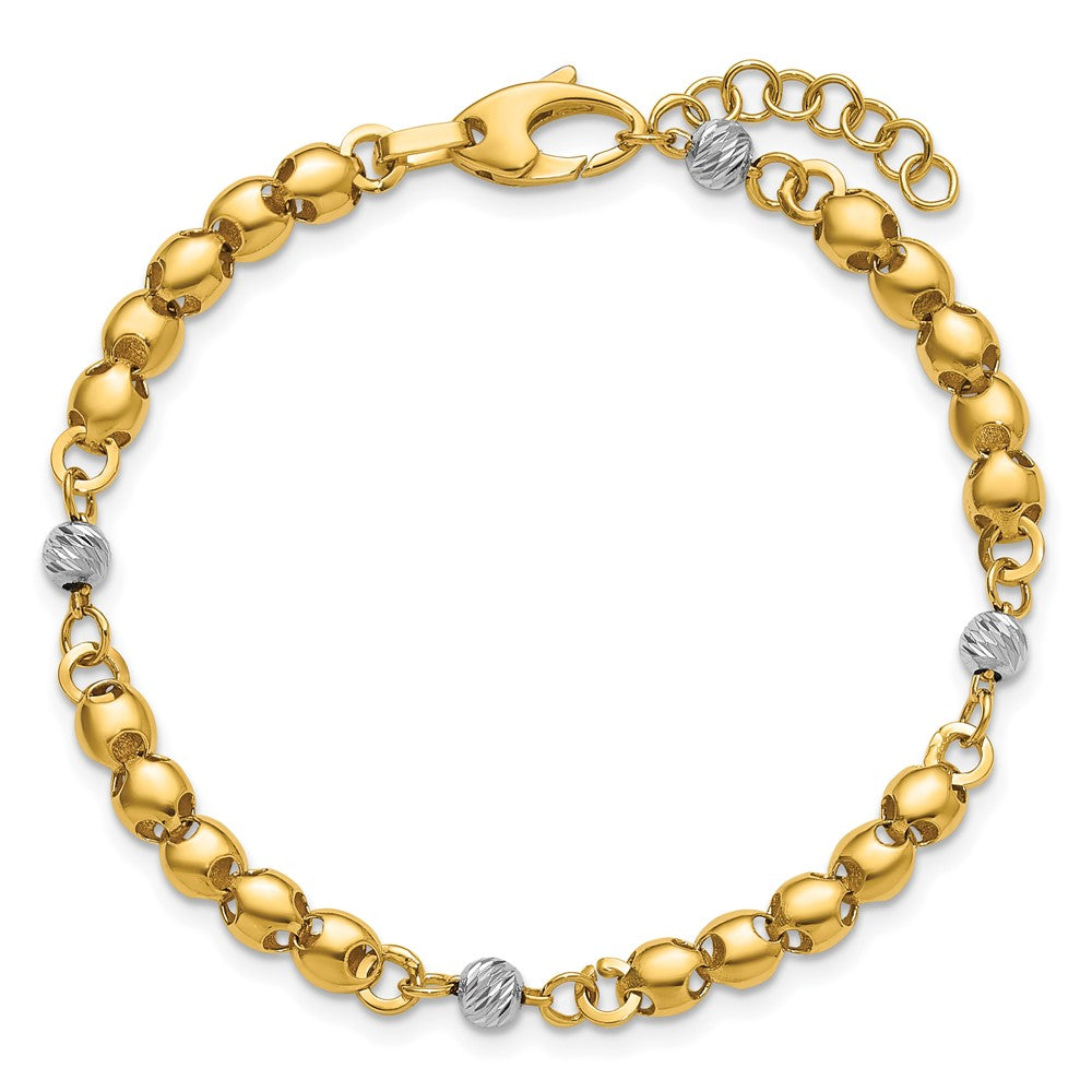 14K w/Rhodium Polished D/C Beaded Oval Link w/1in ext. Bracelet 7.5  inches
