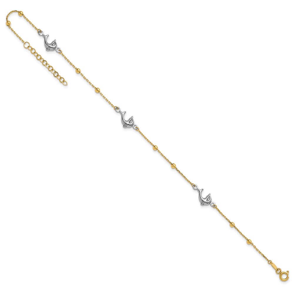 14K Two-tone Polished Beads and Three Dolphins 9 inch with 1 inch Extender Anklet