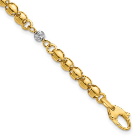 14K w/Rhodium Polished D/C Beaded Oval Link w/1in ext. Bracelet 7.5  inches