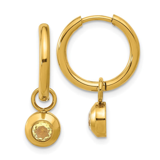 Chisel Stainless Steel Polished Yellow IP-plated with Removeable Yellow CZ Dangle Hinged Hoop Earrings