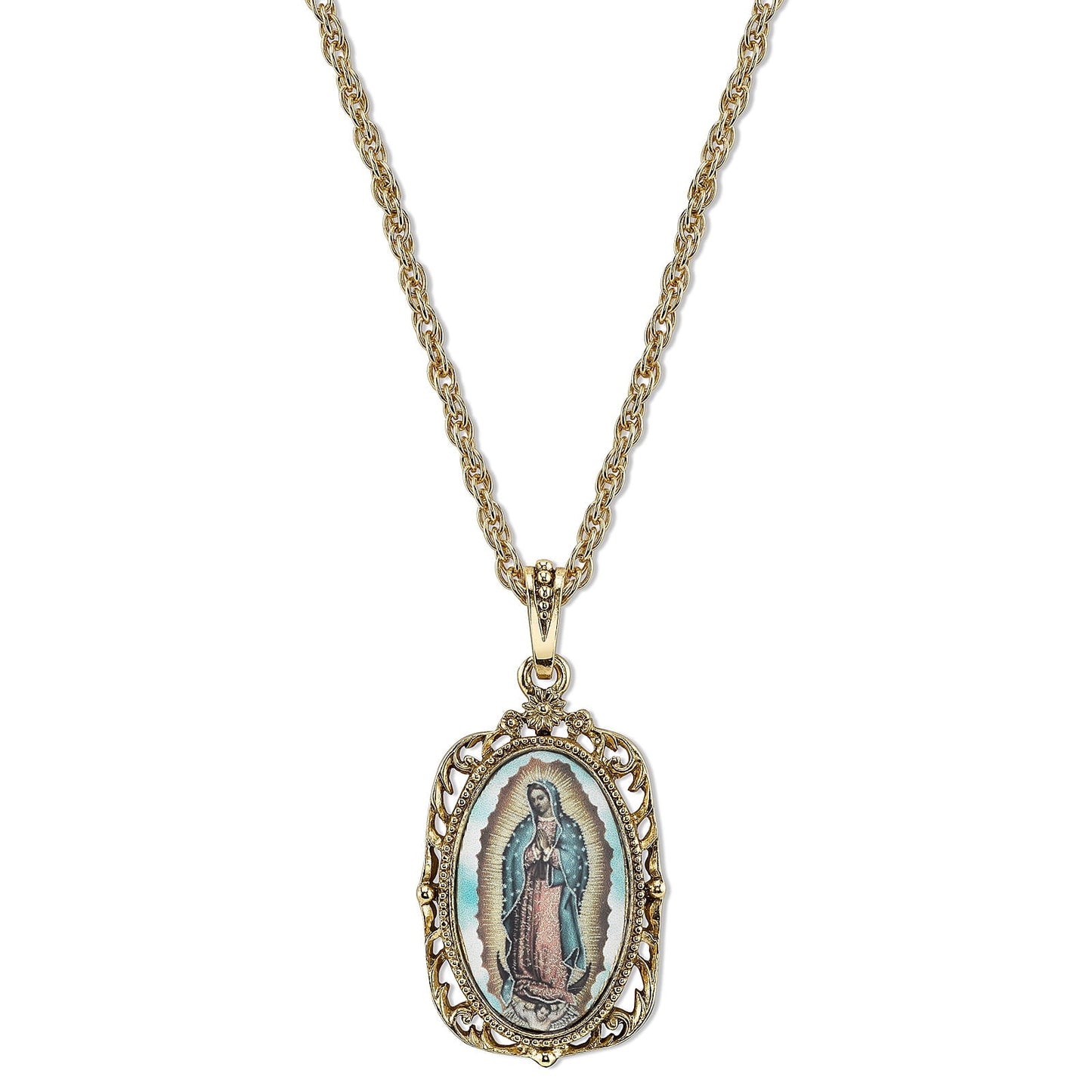Symbols of Faith Gold-tone Enameled Our Lady of Guadalupe 24 inch Necklace QRF521