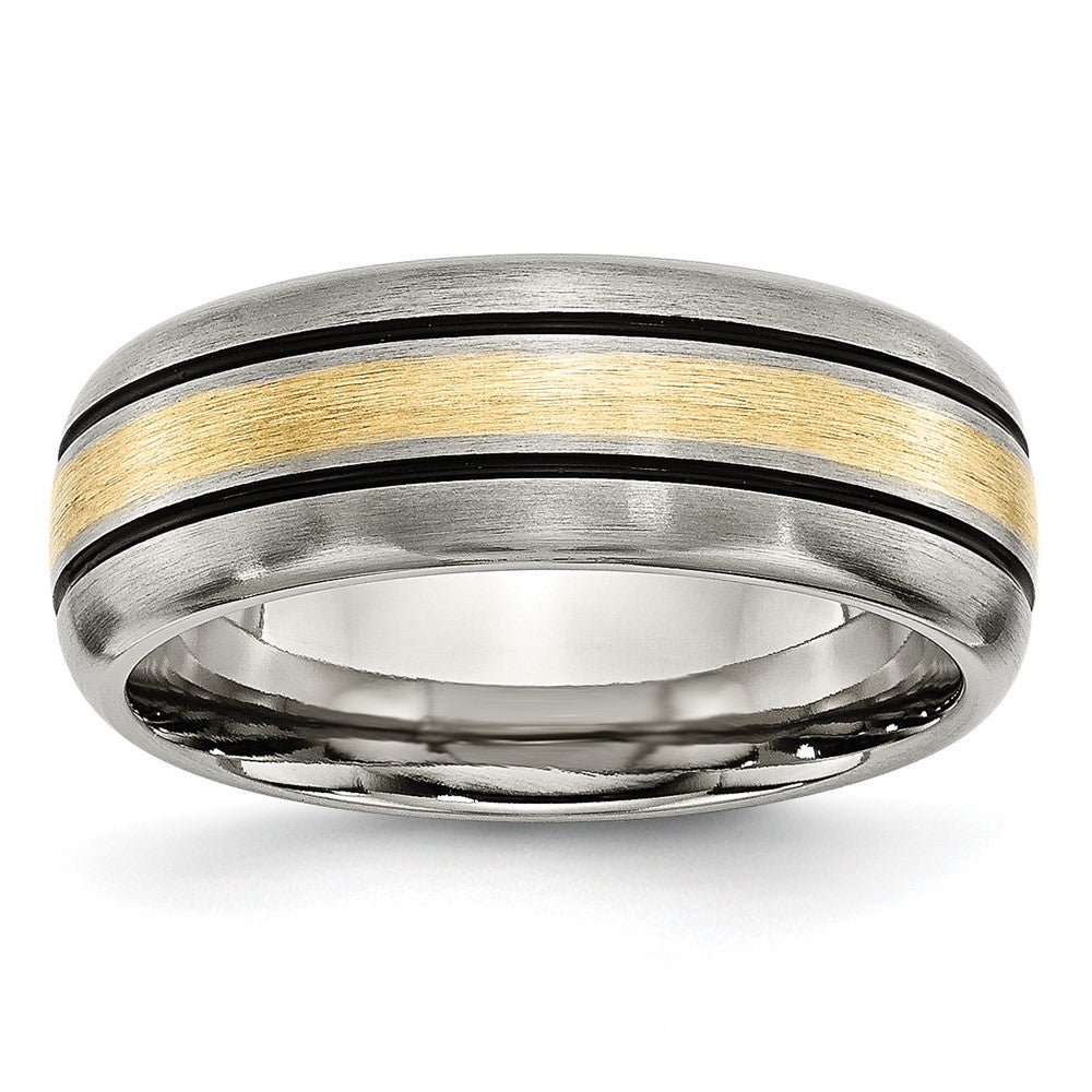 Titanium Antiqued and Brushed w/14k Yellow Inlay 8mm Grooved Band Size - 9.5