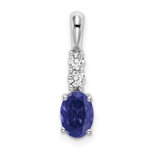 14k White Gold Oval Created Sapphire and Diamond Pendant
