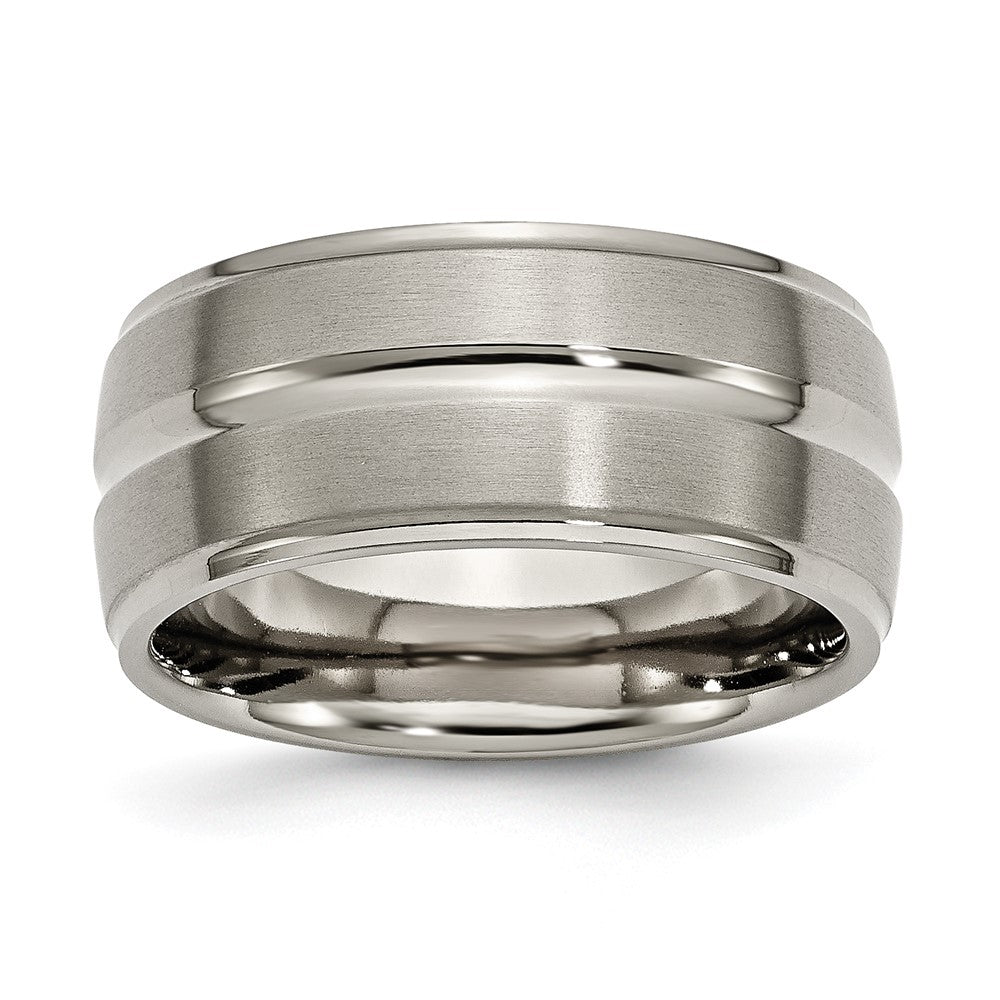 Titanium Brushed and Polished 10mm Grooved Ridged Edge Band Size - 10.5
