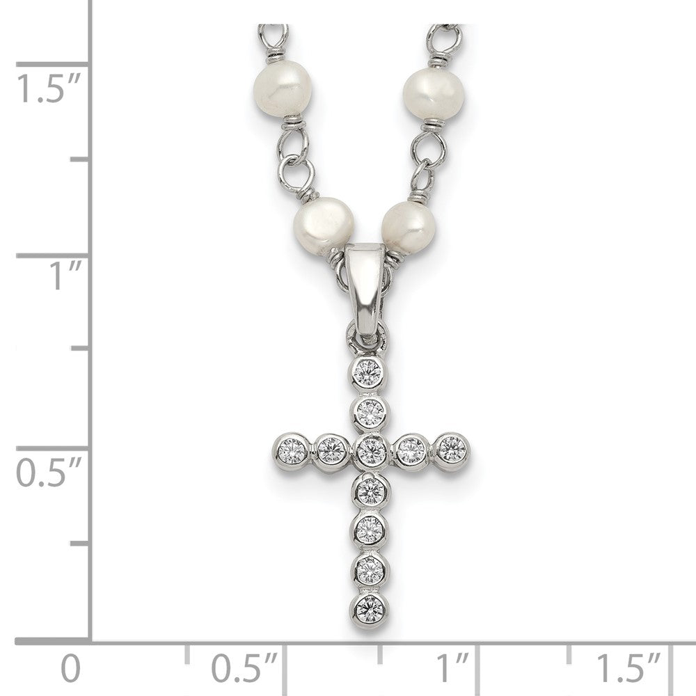 Sterling Silver Rhodium-plated 4-5mm White Near-Round Freshwater Cultured Pearl and CZ Cross 21 inch Necklace 21 Inches
