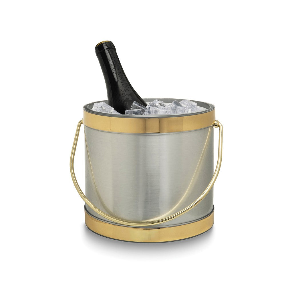 Silver with Gold Two-tone Metallic Mylar Double Wall Insulated Three Quart Ice Bucket with Stainless Steel Tongs