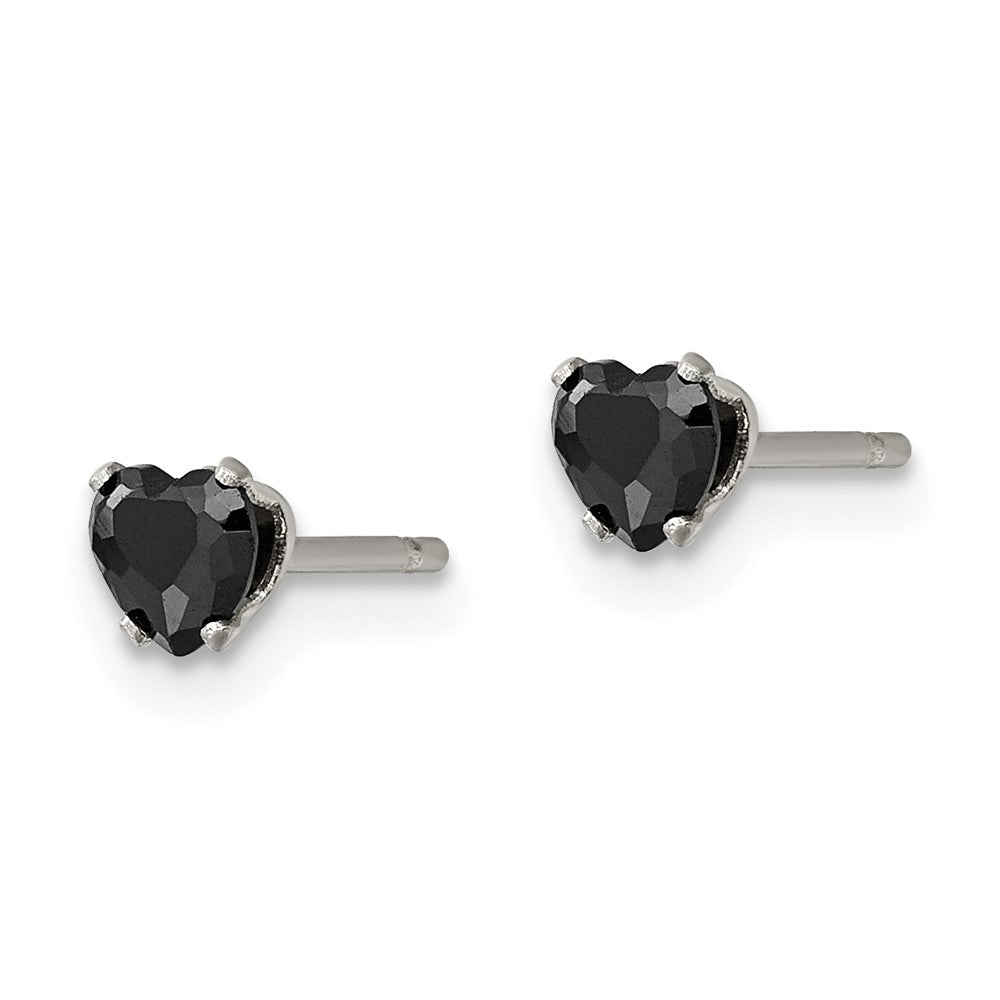 Stainless Steel Polished 4mm Black Heart CZ Stud Post Earrings