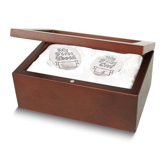 Babys MY FIRST TOOTH and MY FIRST CURL Silver-plated Keepsake wooden Box Set Q-GP450