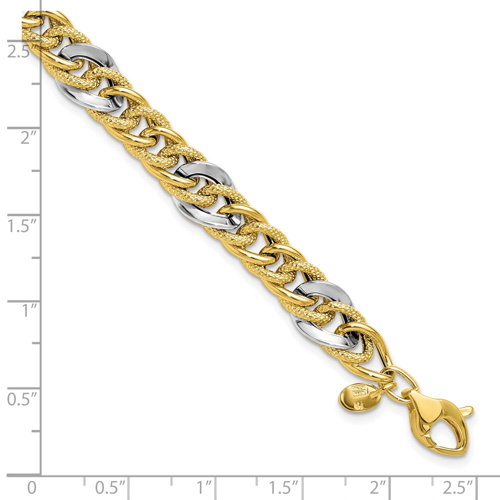 14K Two-tone Polished and Textured Fancy Link Bracelet 7.5  inches