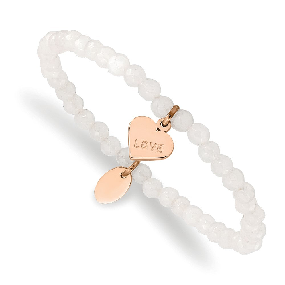 Stainless Steel Polished Rose IP-plated LOVE Heart Jade Stretch Bracelet 6.25 inches